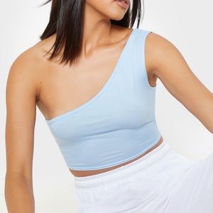 NEVER WORN BLUE ONE SHOULDER CROP TOP